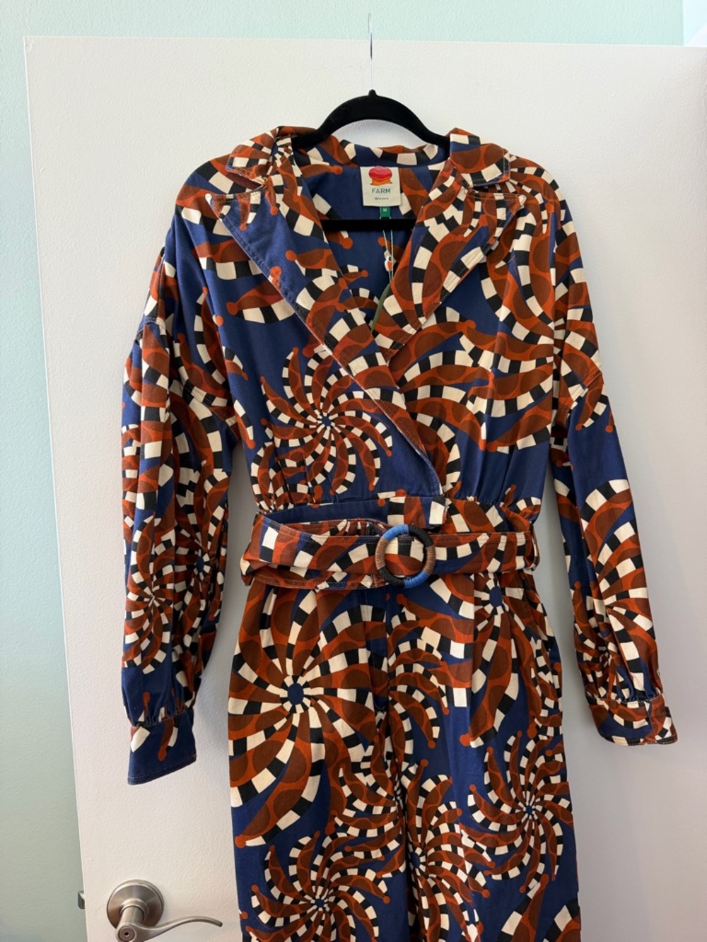 NWT Farm Rio Retro Spiral Print Blue Bandana Belted Jumpsuit in Navy & Rust - Picture 8 of 14